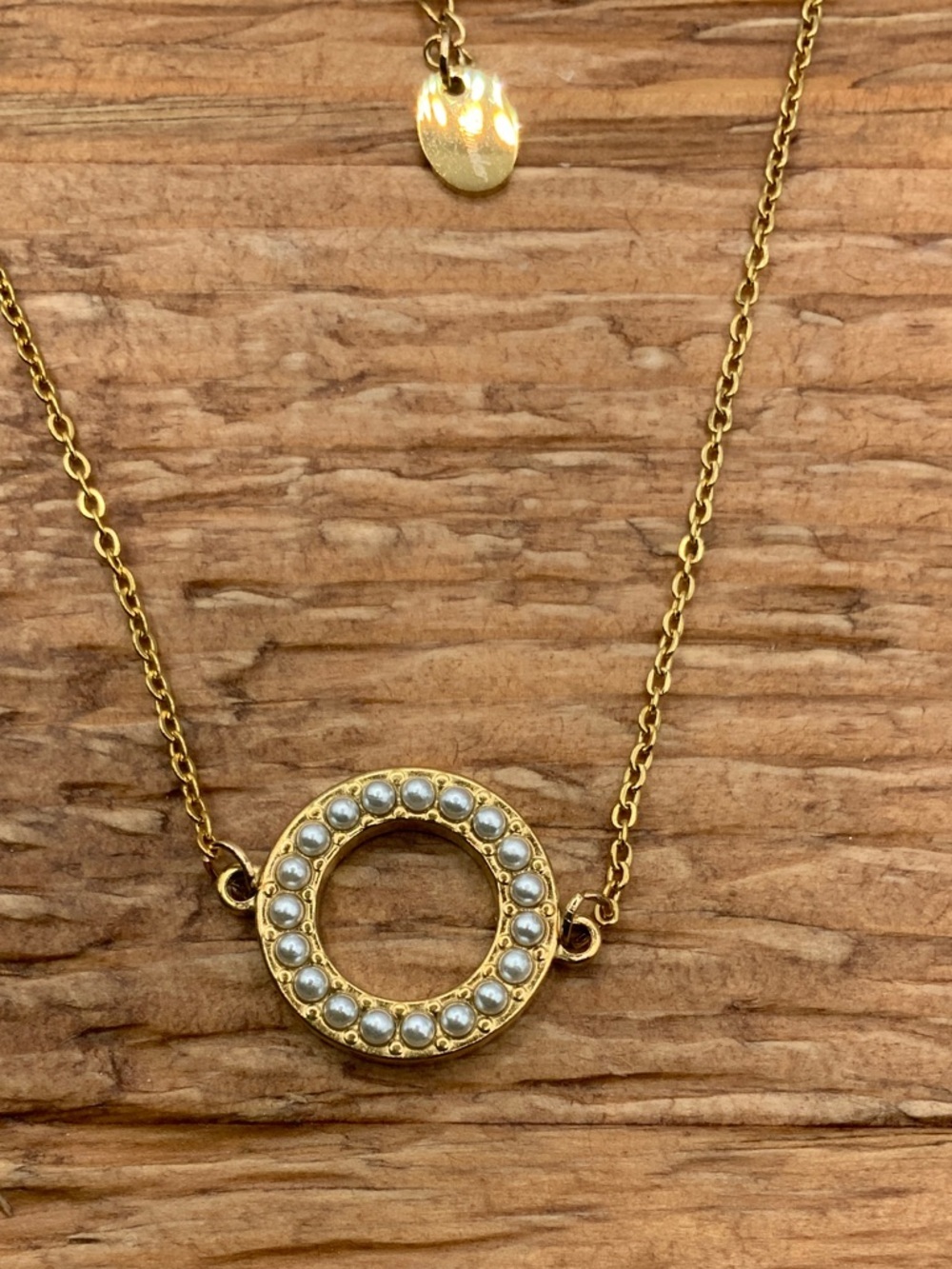 Plunder Design Gold-Tone Chain Pearl Circle Pendant Necklace